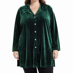 Tanuja Dior XL Emerald Green Stretch Velvet Side Slit Shacket Button Up Top EUC